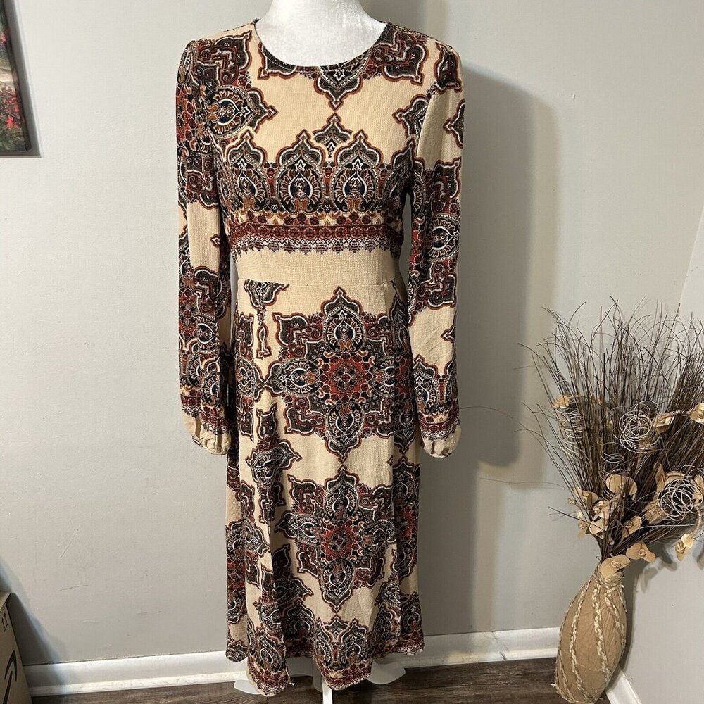 Oscar-St Women Beige Brown Paisley Midi A-line Dress Slits Long Sleeve Size XL